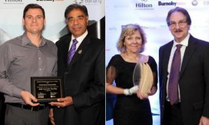 LEFT: Matt Reid accepting the finalist award for Environmental Sustainability. RIGHT: Teresa Reid accepting the Environmental Sustainability award on behalf of Reid’s Automotive Recycling & Alloy Wheel repair from George Strappa, Dean of Business at Douglas College.