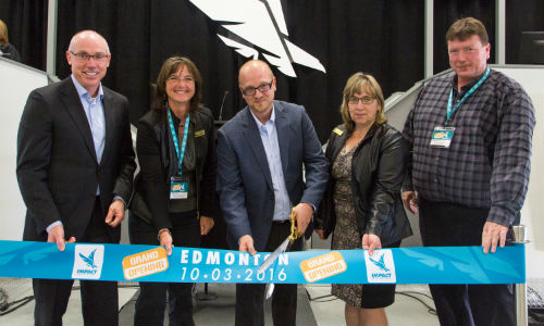 Celebrating the grand opening of Impact Edmonton. From left: Terry Daniels (Managing Director, Impact Auto Auctions), Councillor Jackie McCuaig, (Division 2, Parkland County), Dave Tenk (Branch Manager, Impact Edmonton), Councillor Tracey Melnyk (Division 6, Parkland County) and Deputy Mayor John McNab (Parkland County).