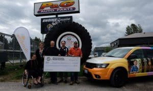The Sunshine Foundation of Canada receives a donation of $54,528 at the Tire Take Back event, held at P&G Auto Parts. From left to right: Sarah Lashbrook, Heidi Spannbauer, Darrell Pitman, Steve Fletcher and Chris Pitman.