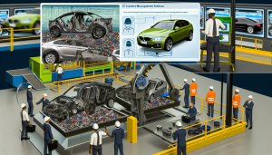 "An image depicting a modern automotive recycling facility in Canada with a clear view of a car being dismantled by an advanced machine and a diverse group of recyclers working diligently. In the background, a computer screen showing inventory management software can also be visible. This entire scene should portray a sense of high technology, efficiency, sustainability, and progress."